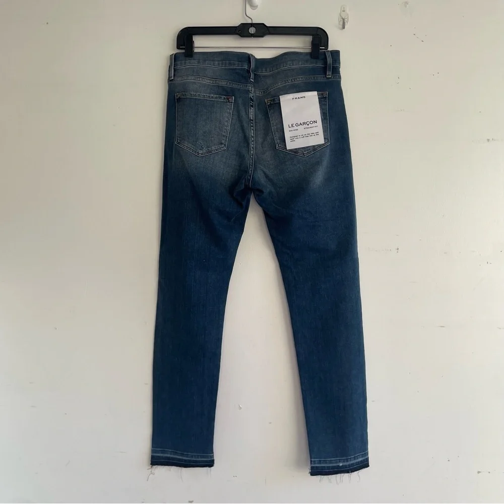New! Frame Le Garçon Azure Blue Mid Rise Distressed Straight Jeans 22624 - Picture 3 of 14